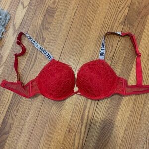 Red lacy Victoria Secret shine strap bra (super push up/ adds two cup sizes)